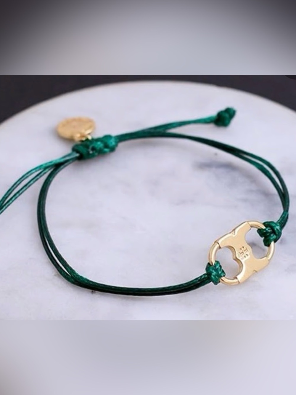 Tory Burch Emerald Green Cord Bracelet with Gold Charm